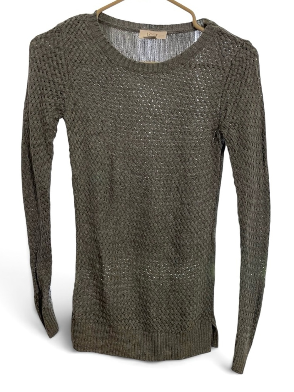 LOFT Sweater Womens XXSP Gray Open Knit Lightweight Crew Neck Long Sleeve